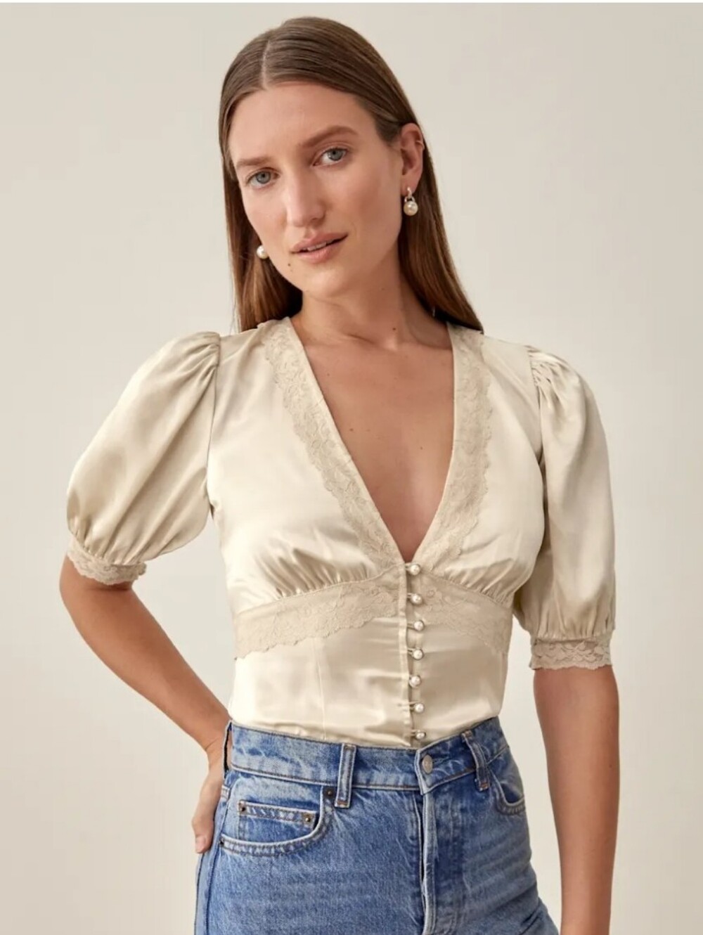 Refomation Millie V Neck Blouse Top Silk Almomd Embellished Lace Trim NWT Size 2